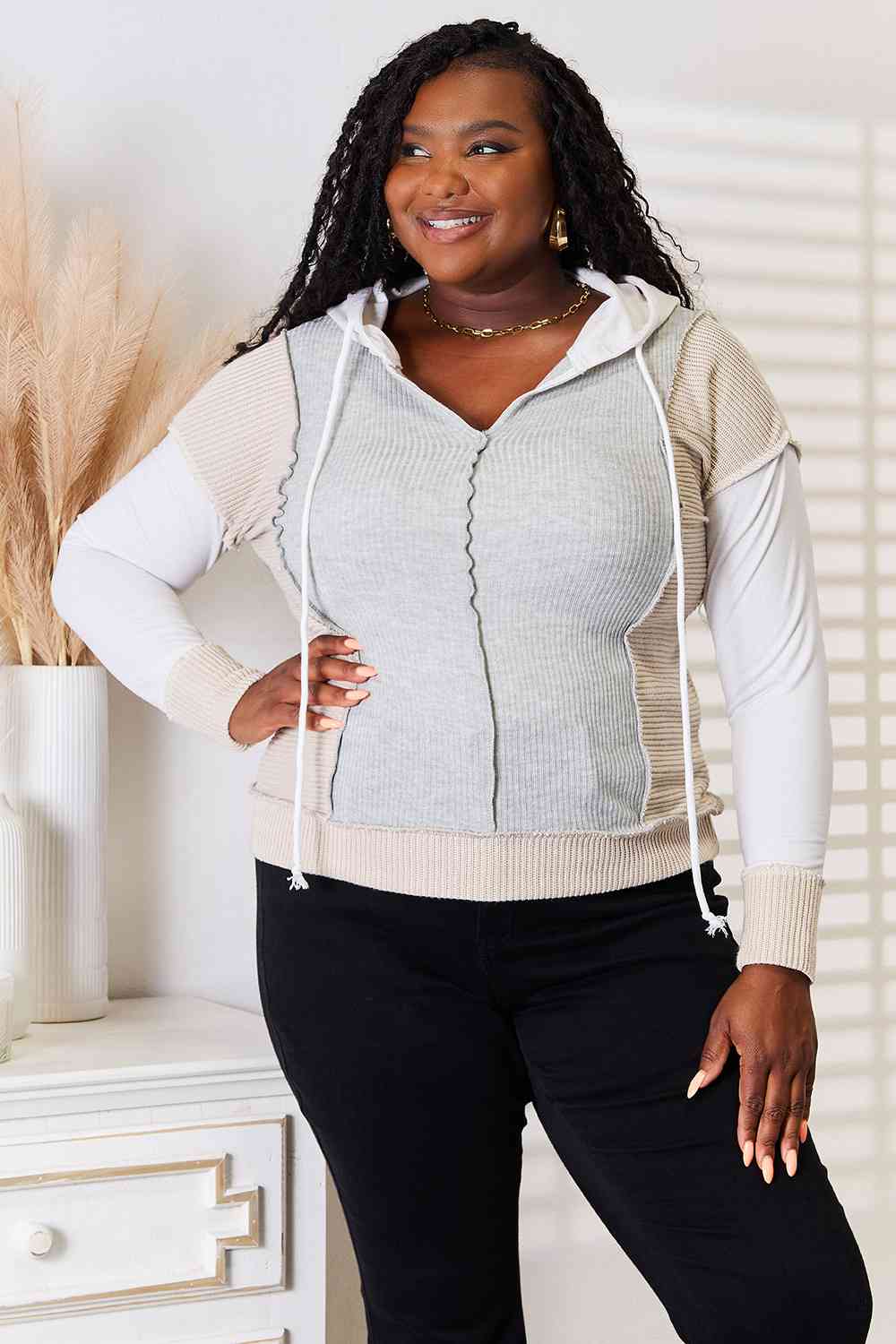 Double Take Color Block Exposed Seam Drawstring Hoodie 