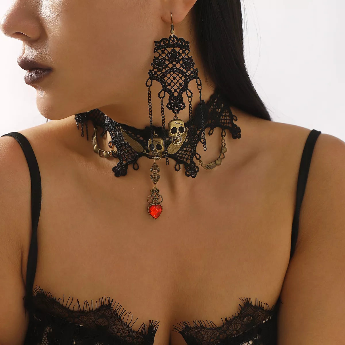 Halloween Lace Skull Necklace and Earrings Jewelry Set 