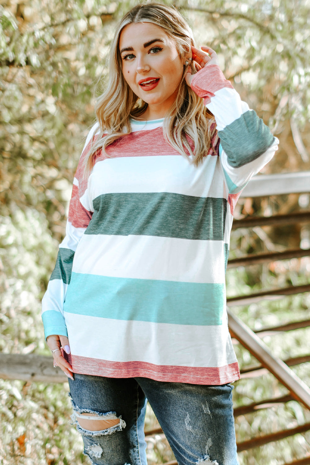 Plus Size Striped Slit Long Sleeve T-Shirt 