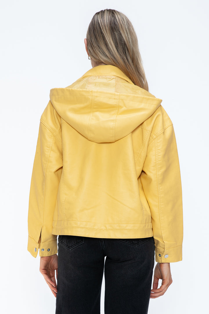 How Dare U Drawstring Hem PU Leather Zip Up Jacket 