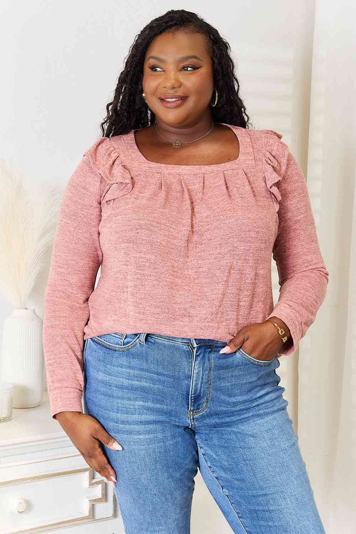 Double Take Square Neck Ruffle Shoulder Long Sleeve T-Shirt 