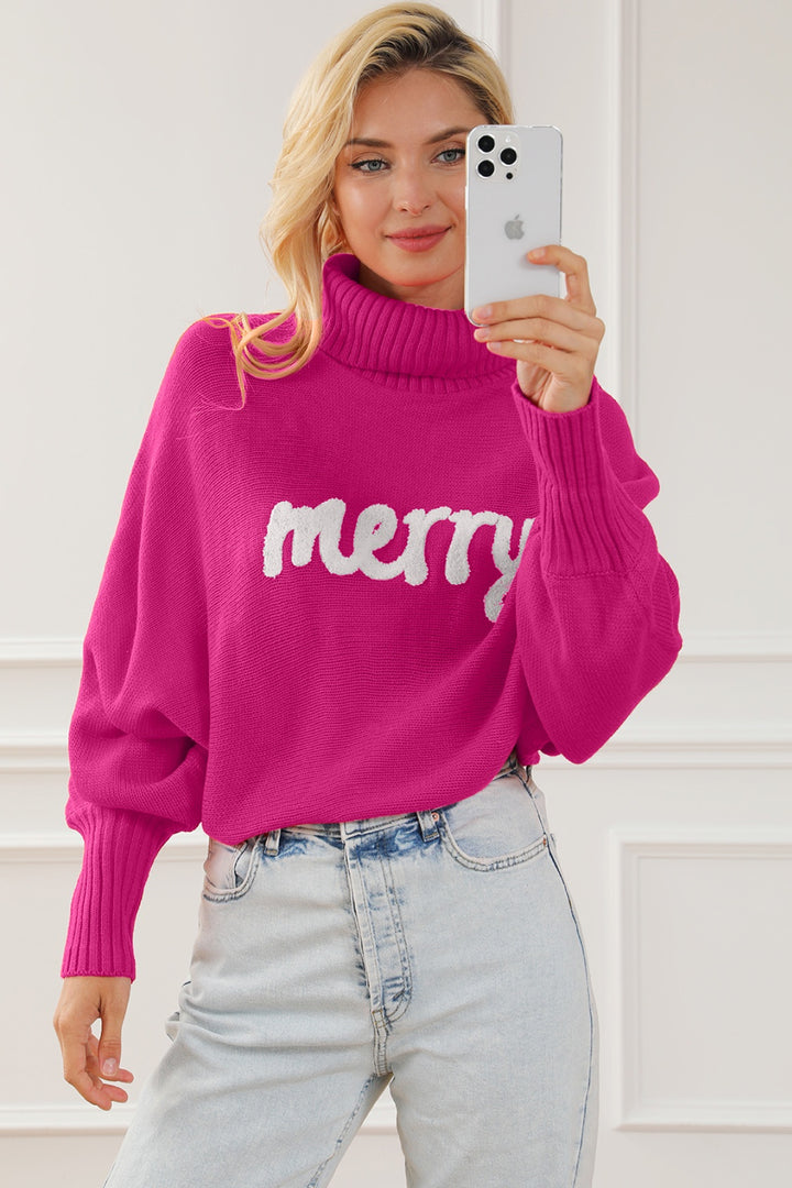 Merry Letter Embroidered High Neck Sweater 