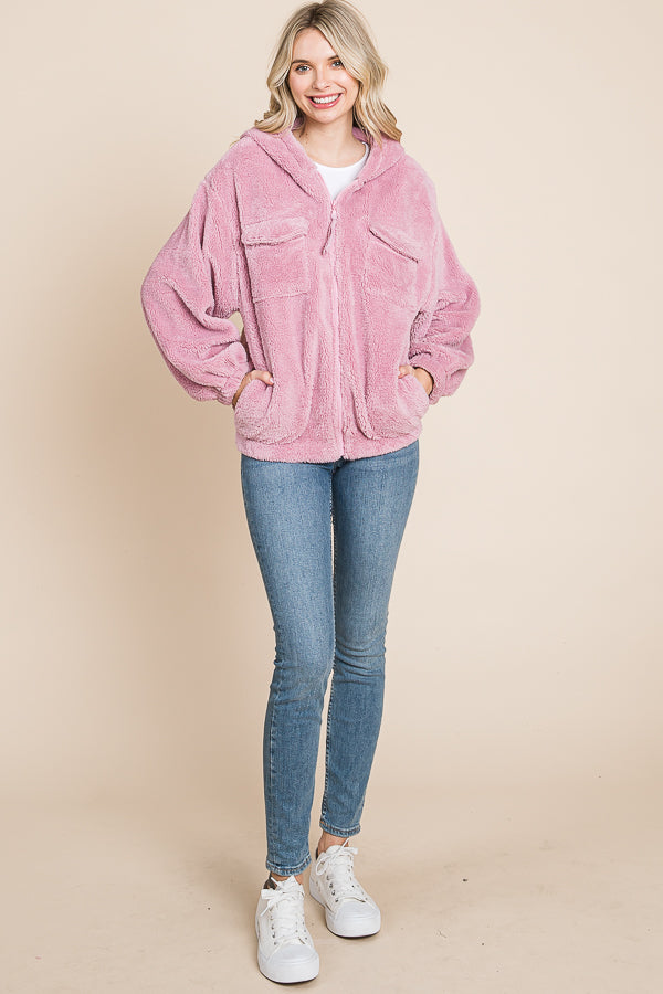 Culture Code Faux Fur Zip Up Hooded Jacket with Side Pockets 