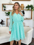 Double Take Full Size Printed Ruched V-Neck Long Sleeve Dress 