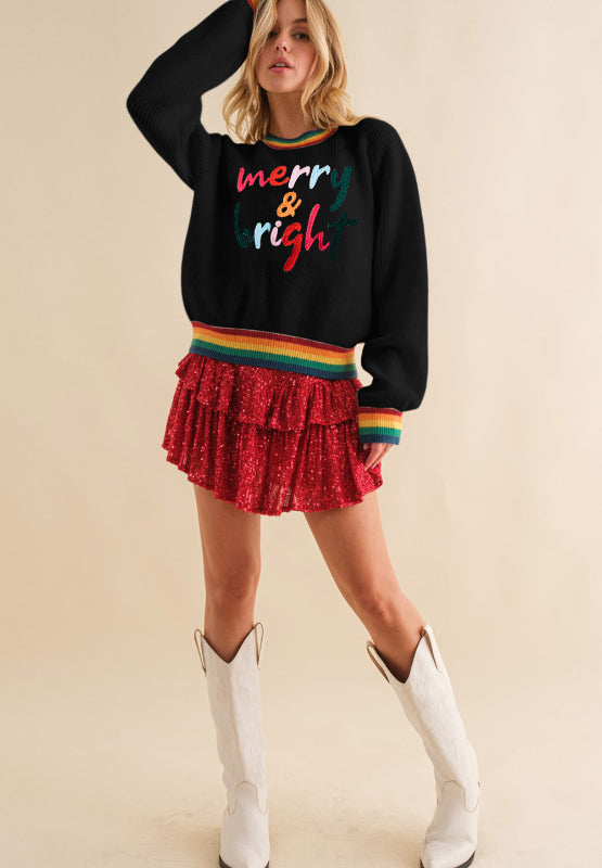 MERRY & BRIGHT Ribbed Round Neck Sweater 