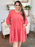 Double Take Full Size V-Neck Balloon Sleeve Tiered Dress with Pockets 