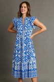 Umgee Full Size Two Tone Border Print Ruffle Cap Sleeve Midi Dress Plus Size Dresses