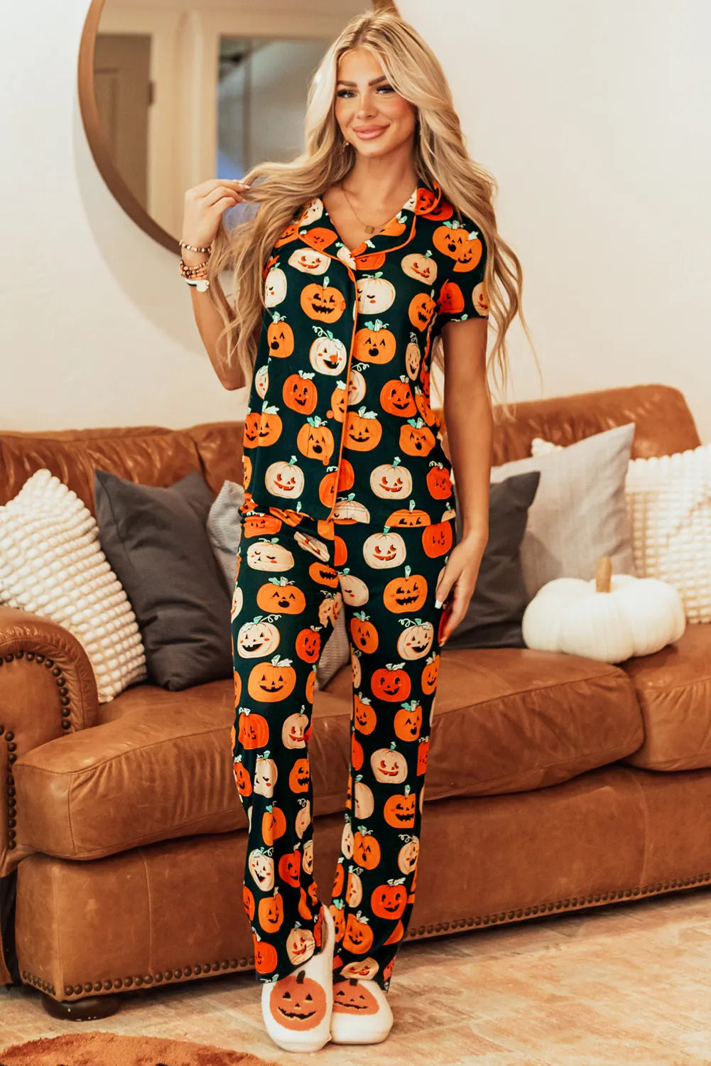 Pumpkin Printed Short Sleeve Top and Pants Lounge Set Lingerie & Nightwear