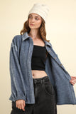 VERY J Mixed Media Button Down Raw Hem Shacket 