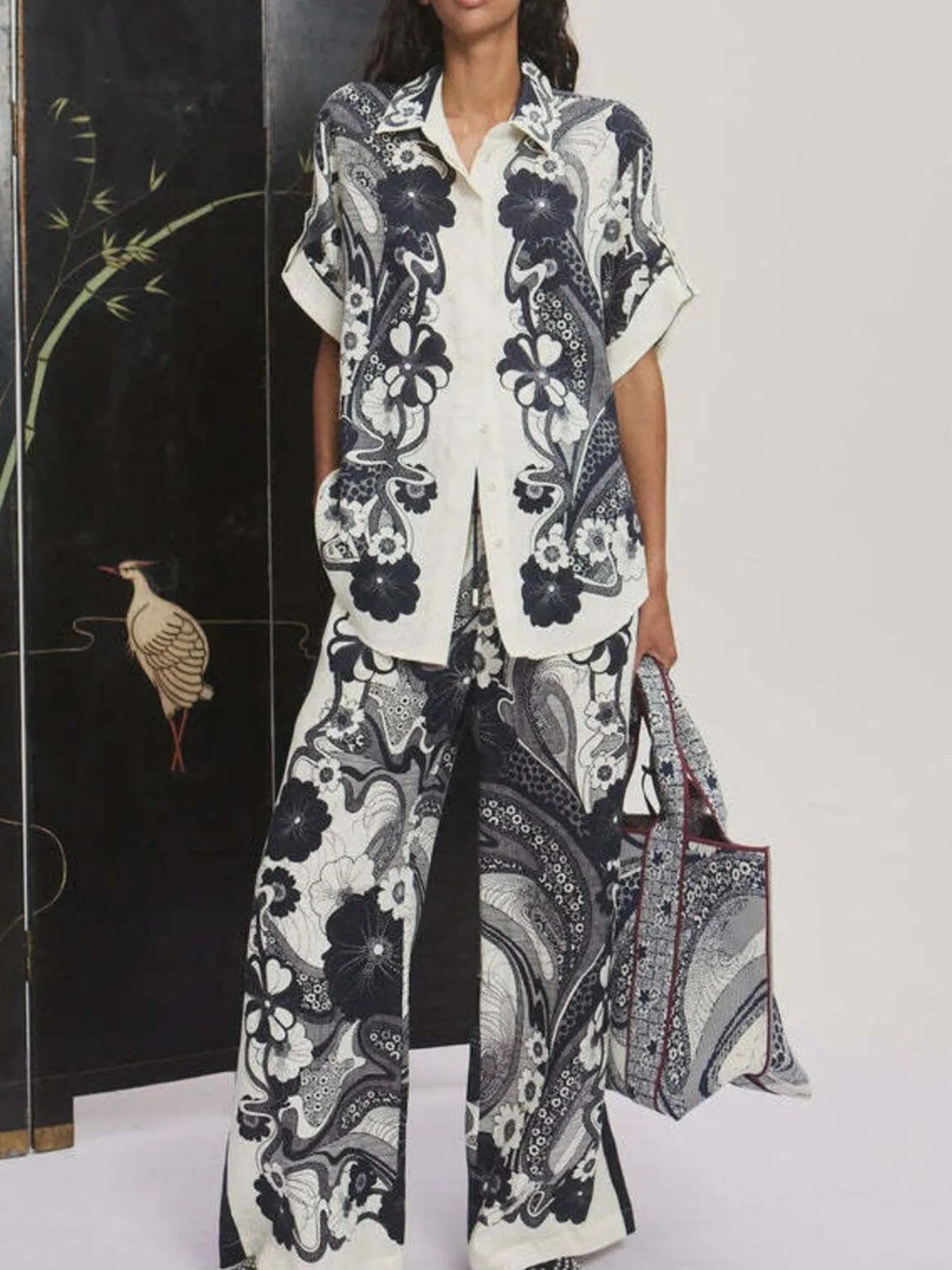 Printed Button Up Shirt and Pants Set Two Piece Dresses