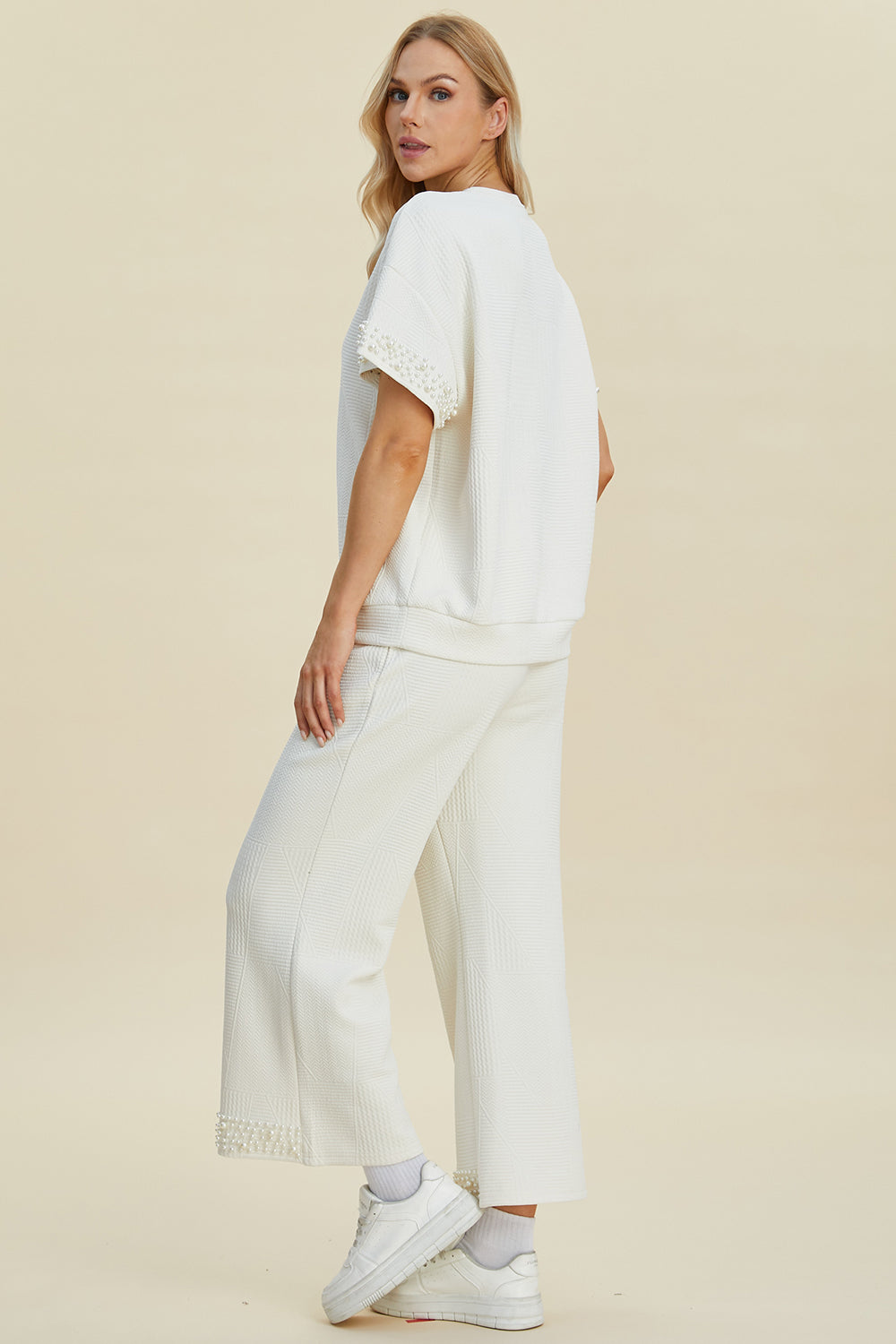 Double Take Full Size Pearl Detail Round Neck Top and Pants Set 