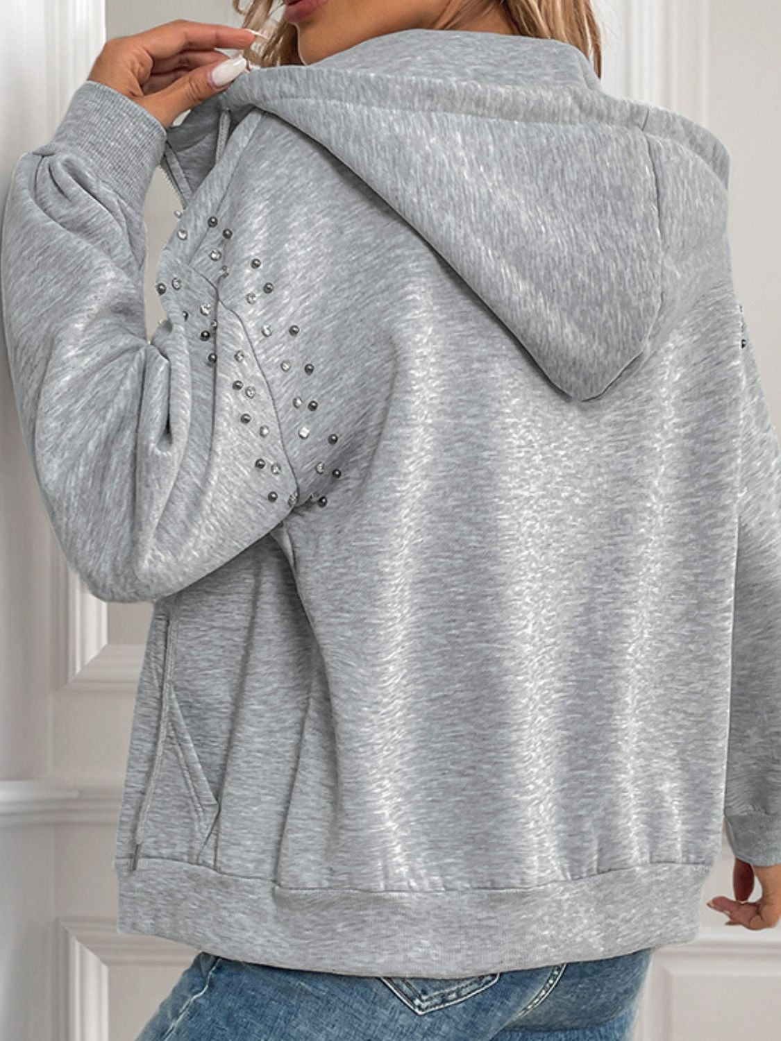 Perfee Rhinestone Zip Up Long Sleeve Hoodie 