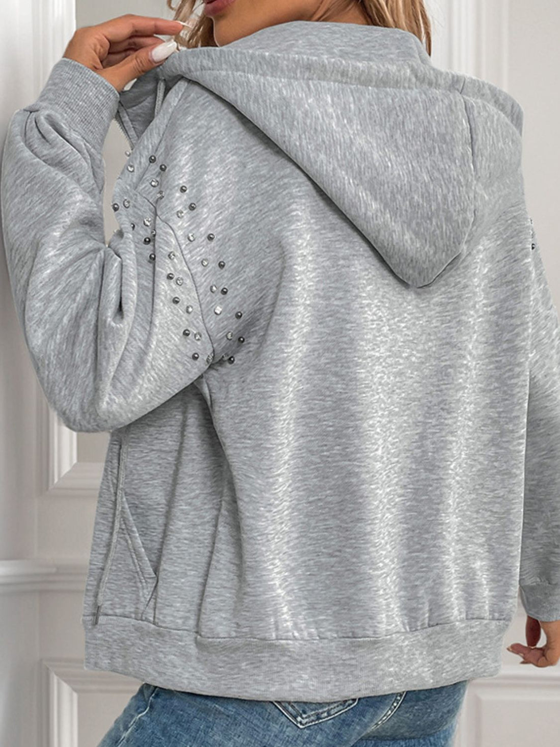 Perfee Rhinestone Zip Up Long Sleeve Hoodie 