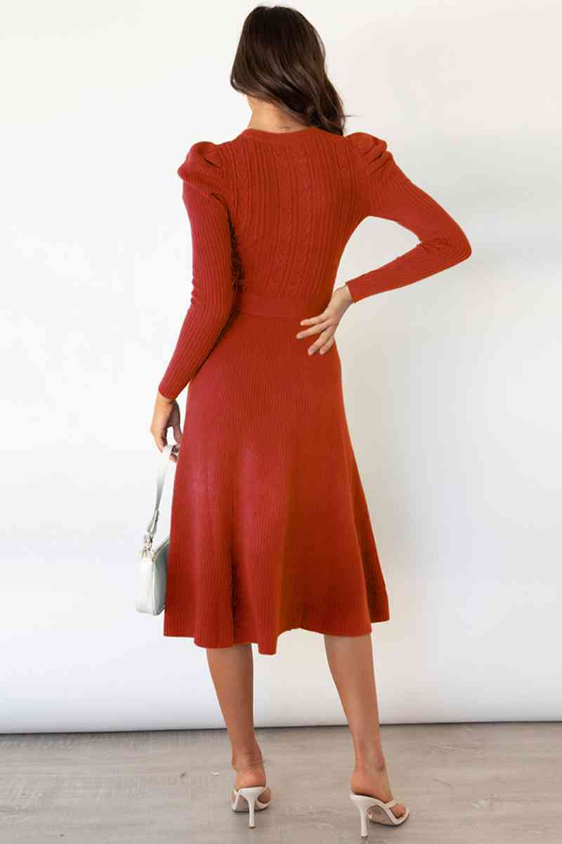 Round Neck Long Sleeve Tie Waist Sweater Dress Dresses