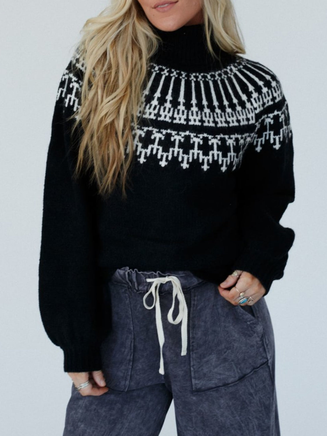 Contrast Turtleneck Long Sleeve Sweater 