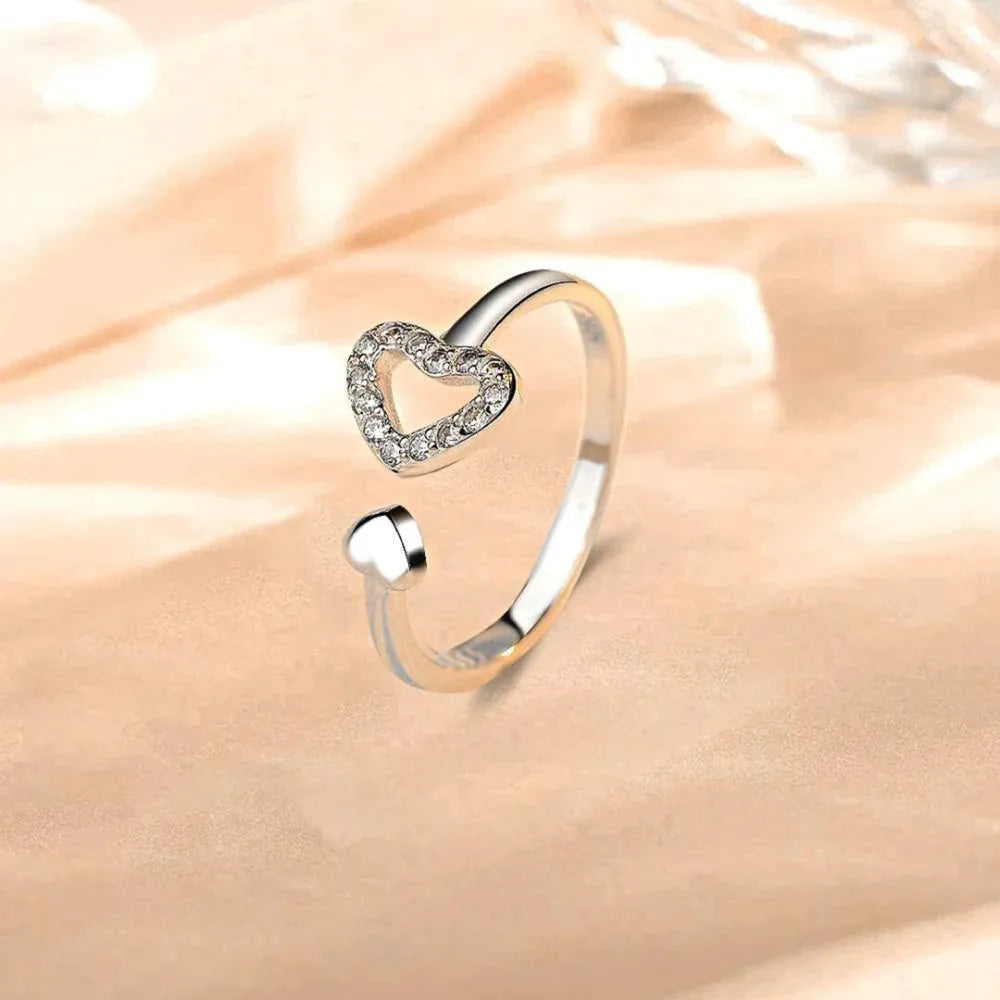 925 Sterling Silver Inlaid Zircon Heart Open Ring 