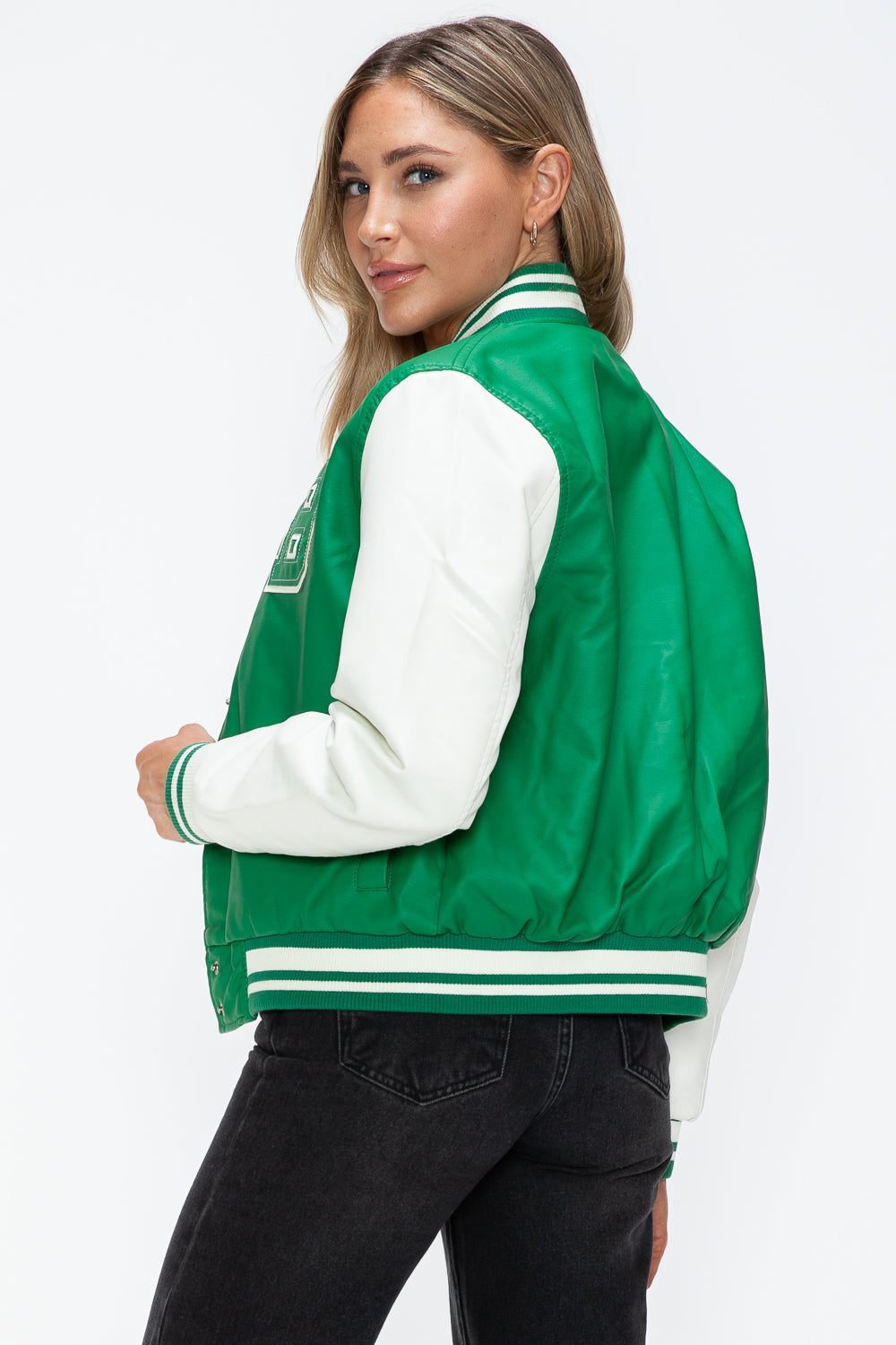 Love Me Now PU Leather Contrast Snap Down Bomber Jacket 