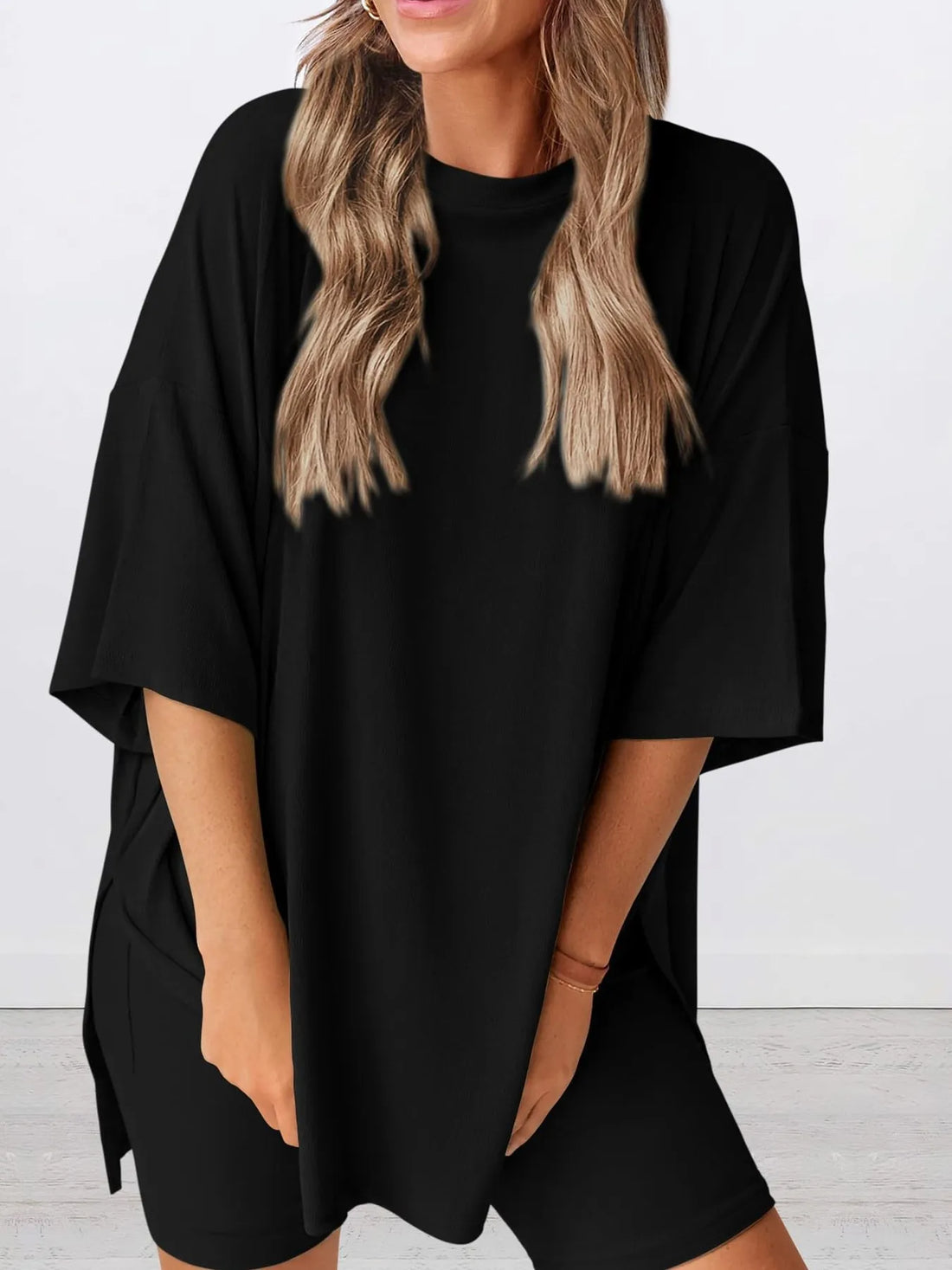 Full Size Oversized Slit Round Neck Top and Shorts Lounge Set Plus Size Lingerie & Nightwear