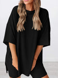 Full Size Oversized Slit Round Neck Top and Shorts Lounge Set Plus Size Lingerie & Nightwear