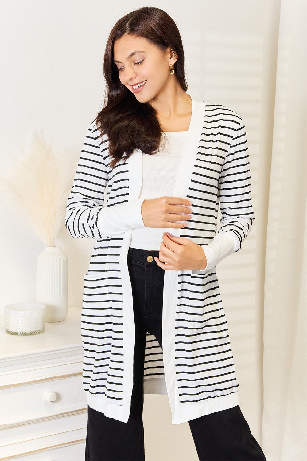 Double Take Striped Open Front Longline Cardigan 