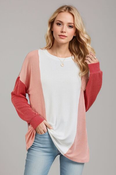 Double Take Texture Contrast Round Neck Long Sleeve T-Shirt 