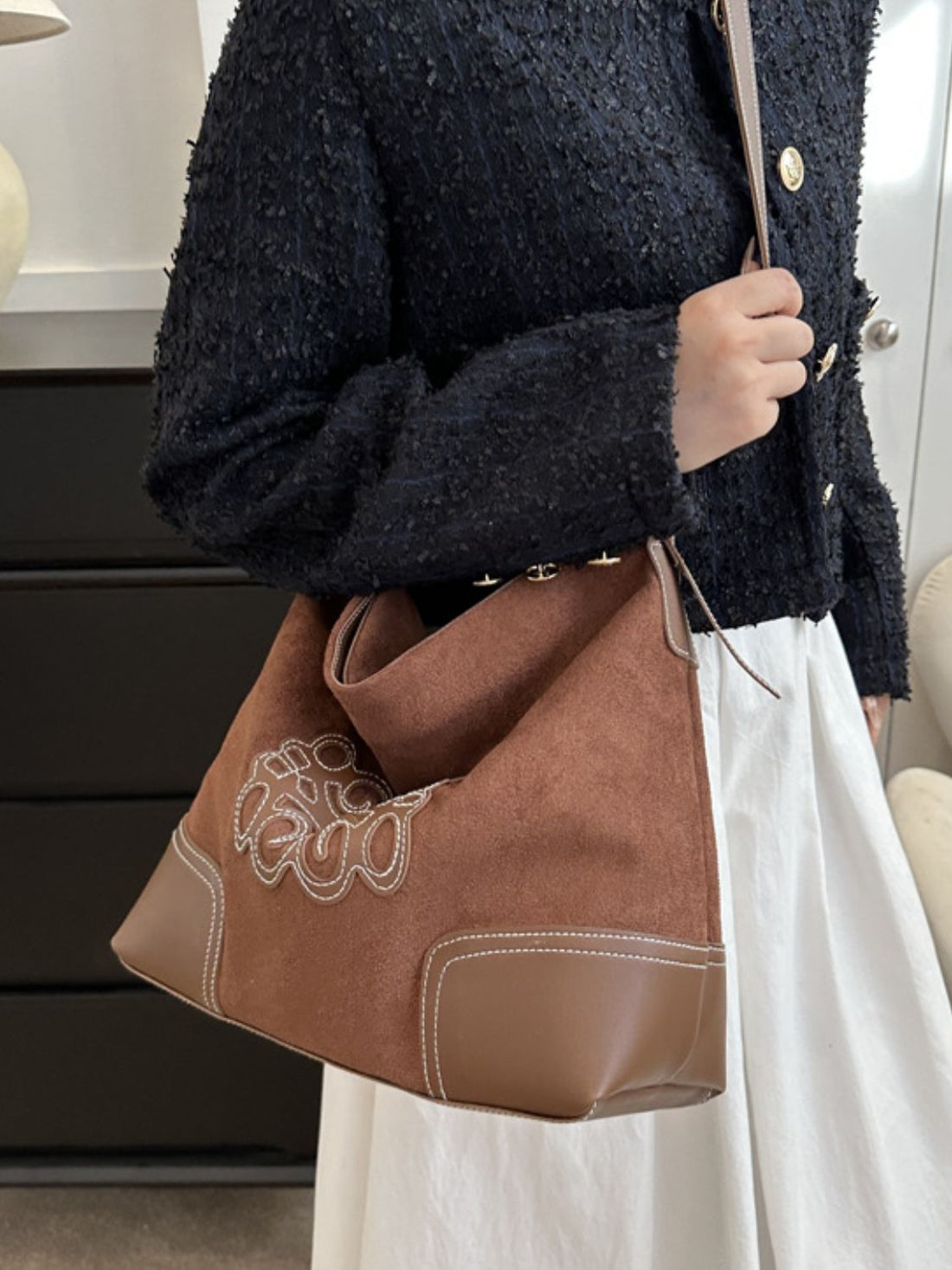 Suede Patch Adjustable Strap Tote Bag 