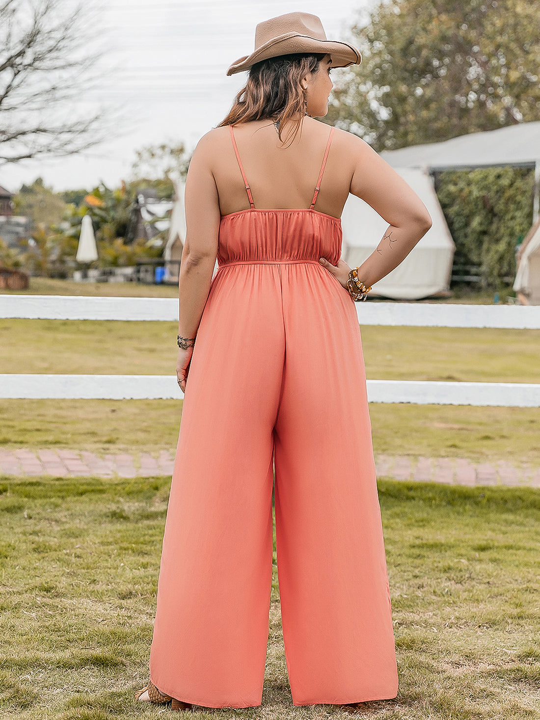 Plus Size Lace Detail Spaghetti Strap Wide Leg Jumpsuit 
