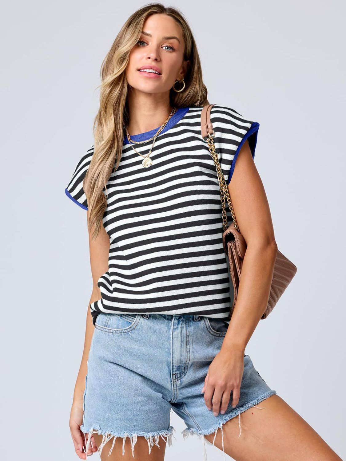 Mandy Contrast Round Neck Cap Sleeve Sweater 