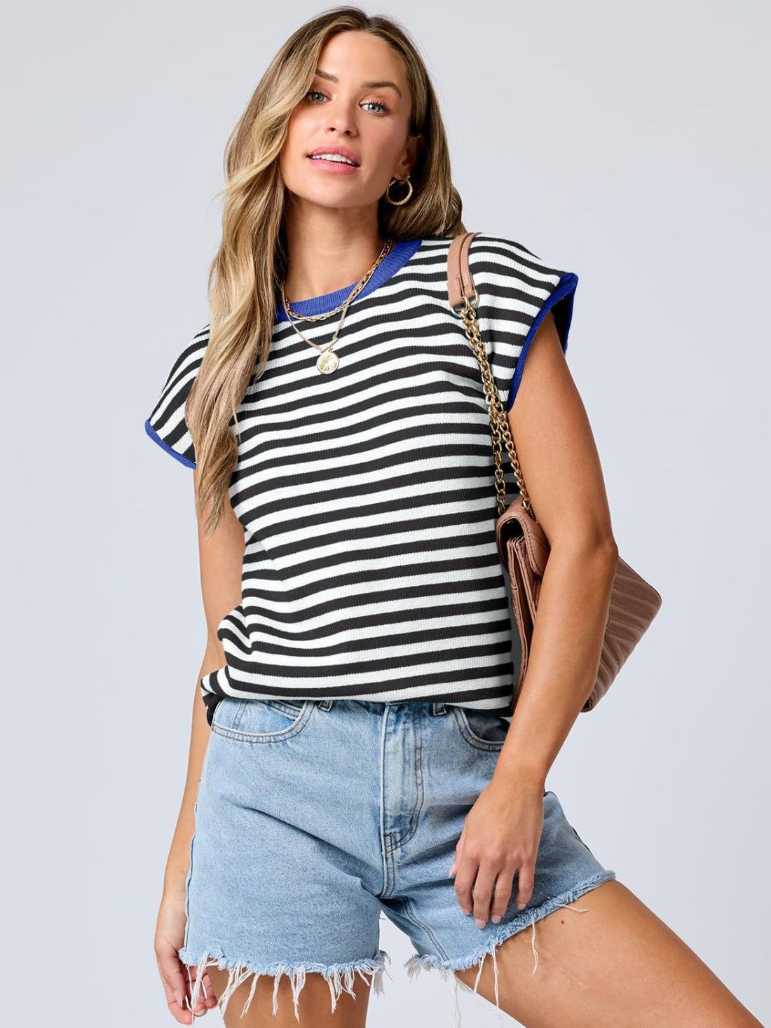 Mandy Contrast Round Neck Cap Sleeve Sweater 