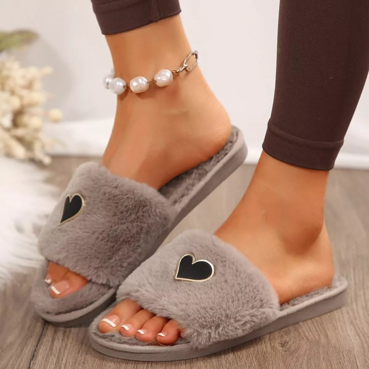 Heart Open Toe Flats Slippers 
