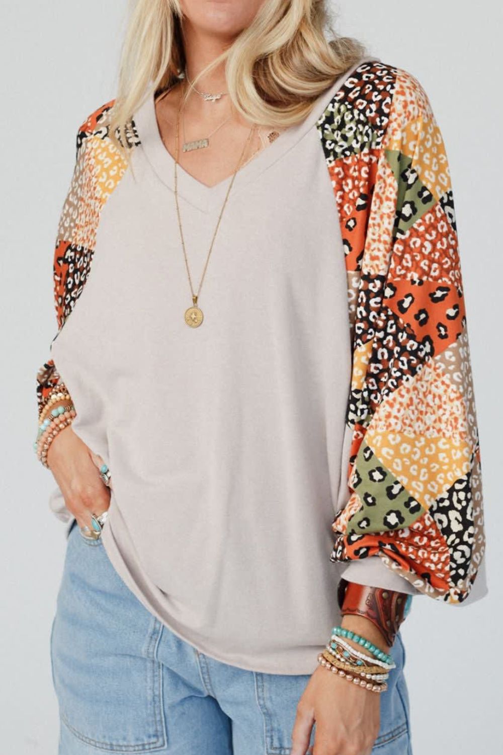 Leopard Contrast V-Neck Long Sleeve Blouse 