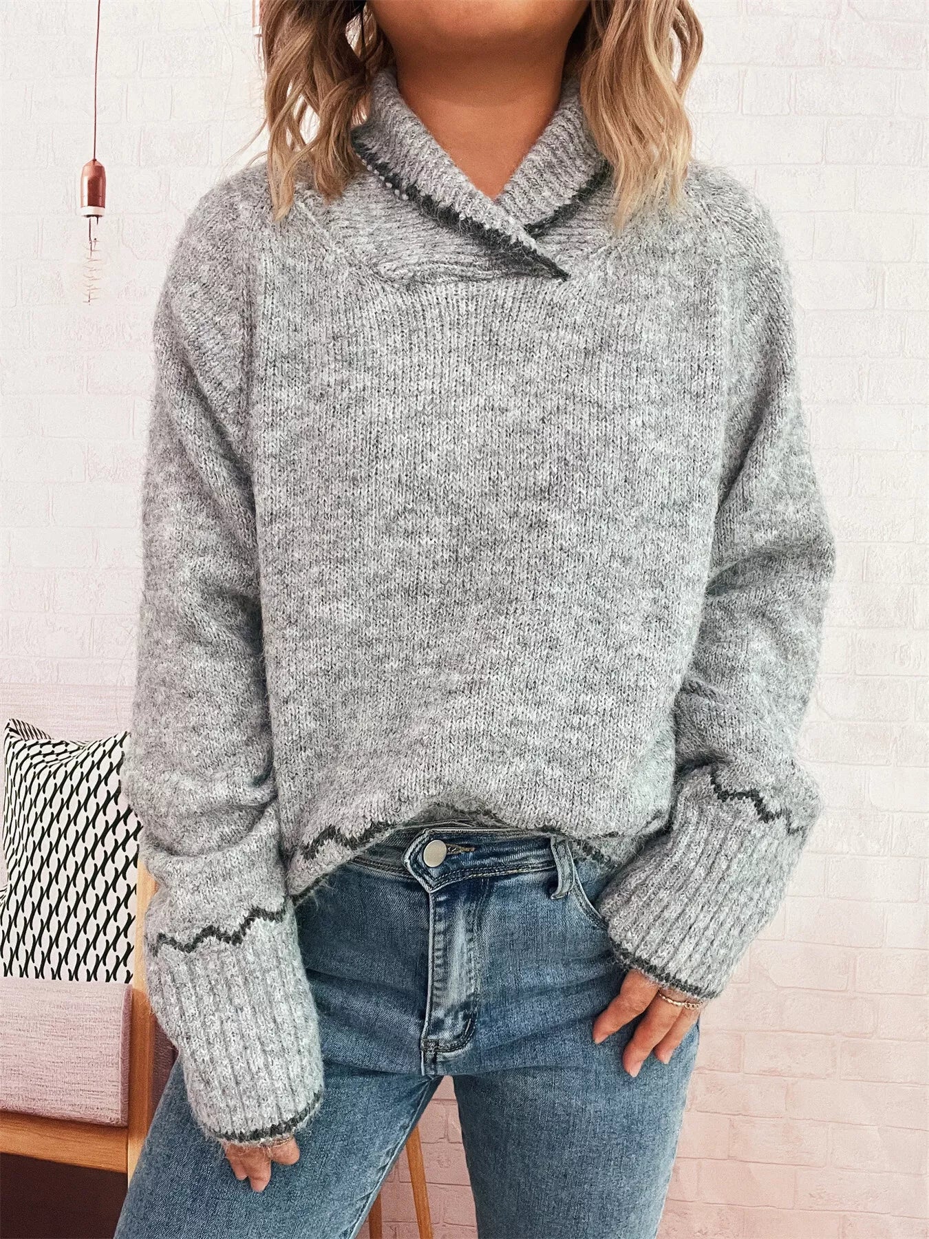 Ribbed Contrast Trim Long Sleeve Sweater 