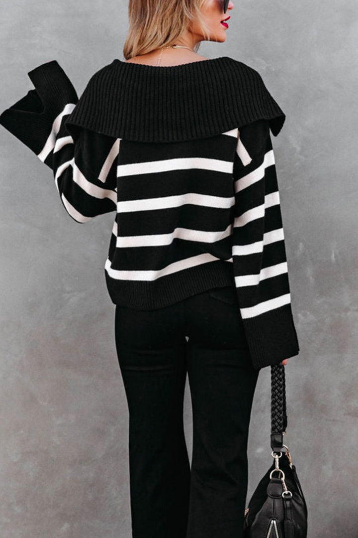 Striped Johnny Collar Long Sleeve Sweater 