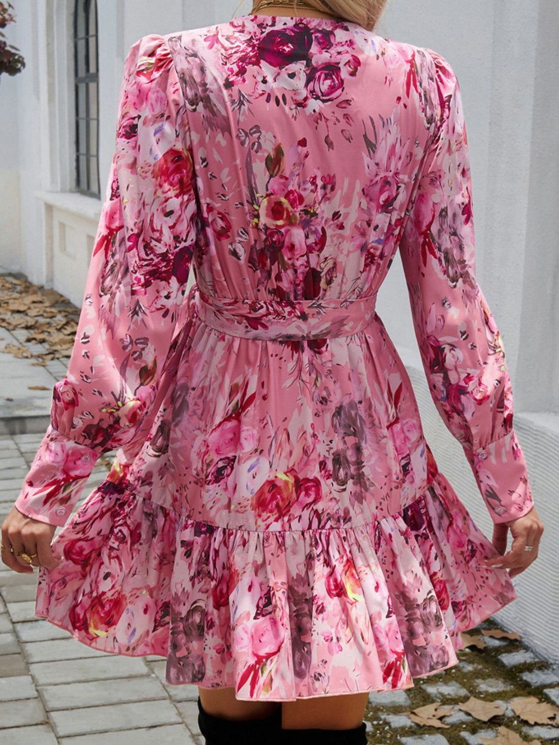 Devine Ruffled Printed Surplice Long Sleeve Mini Dress 