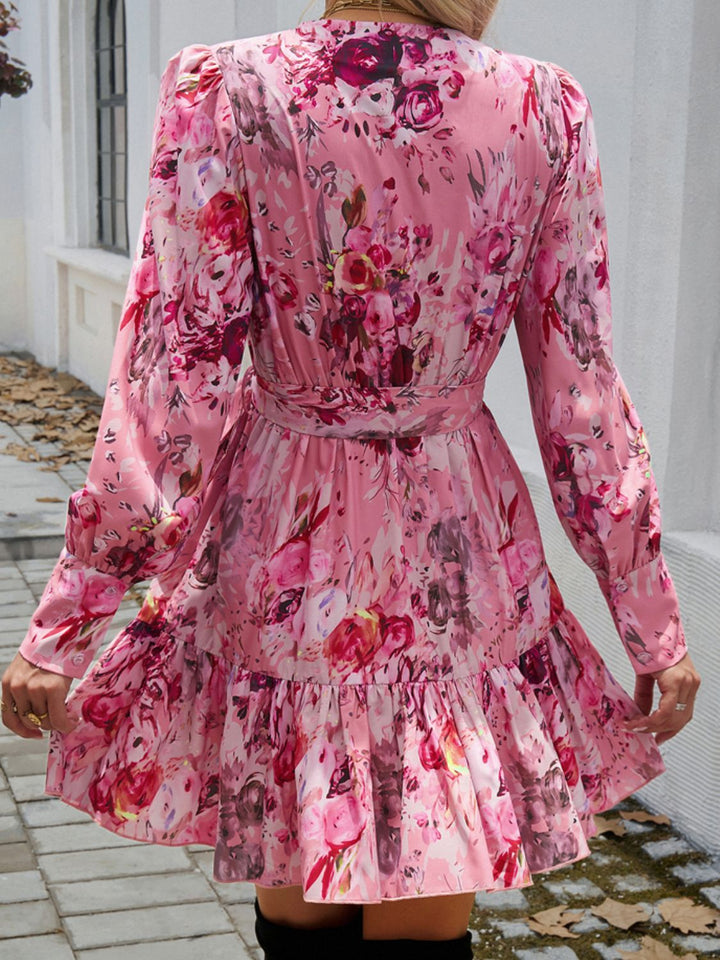 Devine Ruffled Printed Surplice Long Sleeve Mini Dress 
