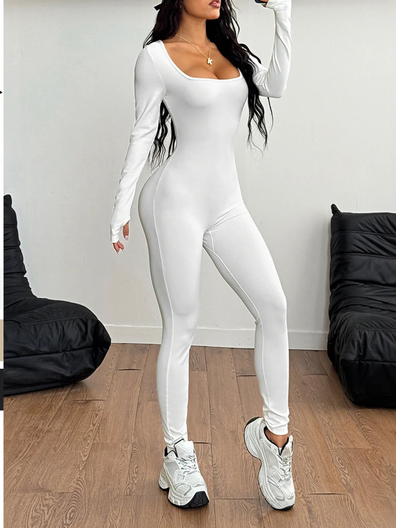 Square Neck Long Sleeve Active Jumpsuit 