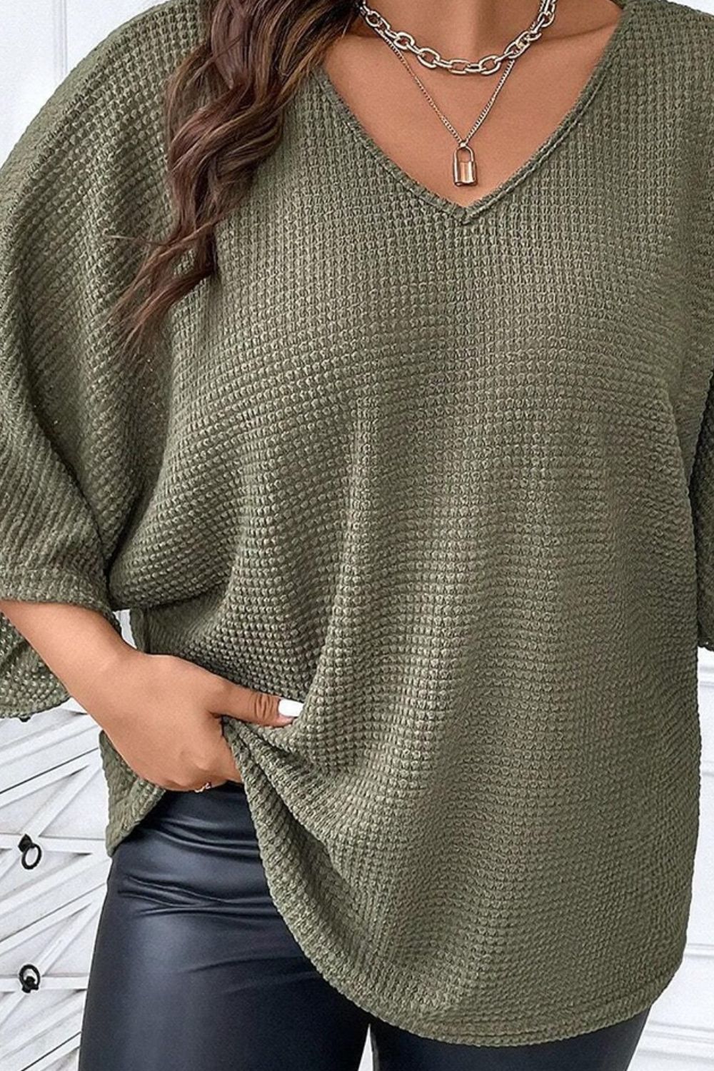 Plus Size Waffle-Knit V-Neck Blouse 