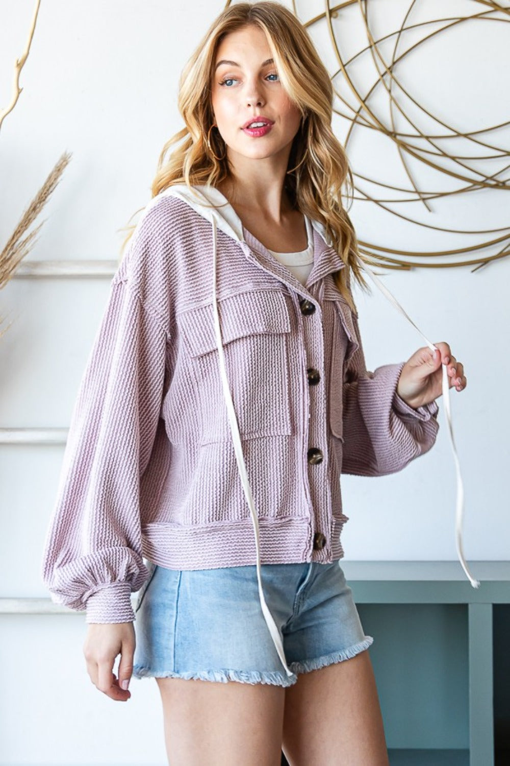 Reborn J Contrast Hooded Button Down Ribbed Jacket 