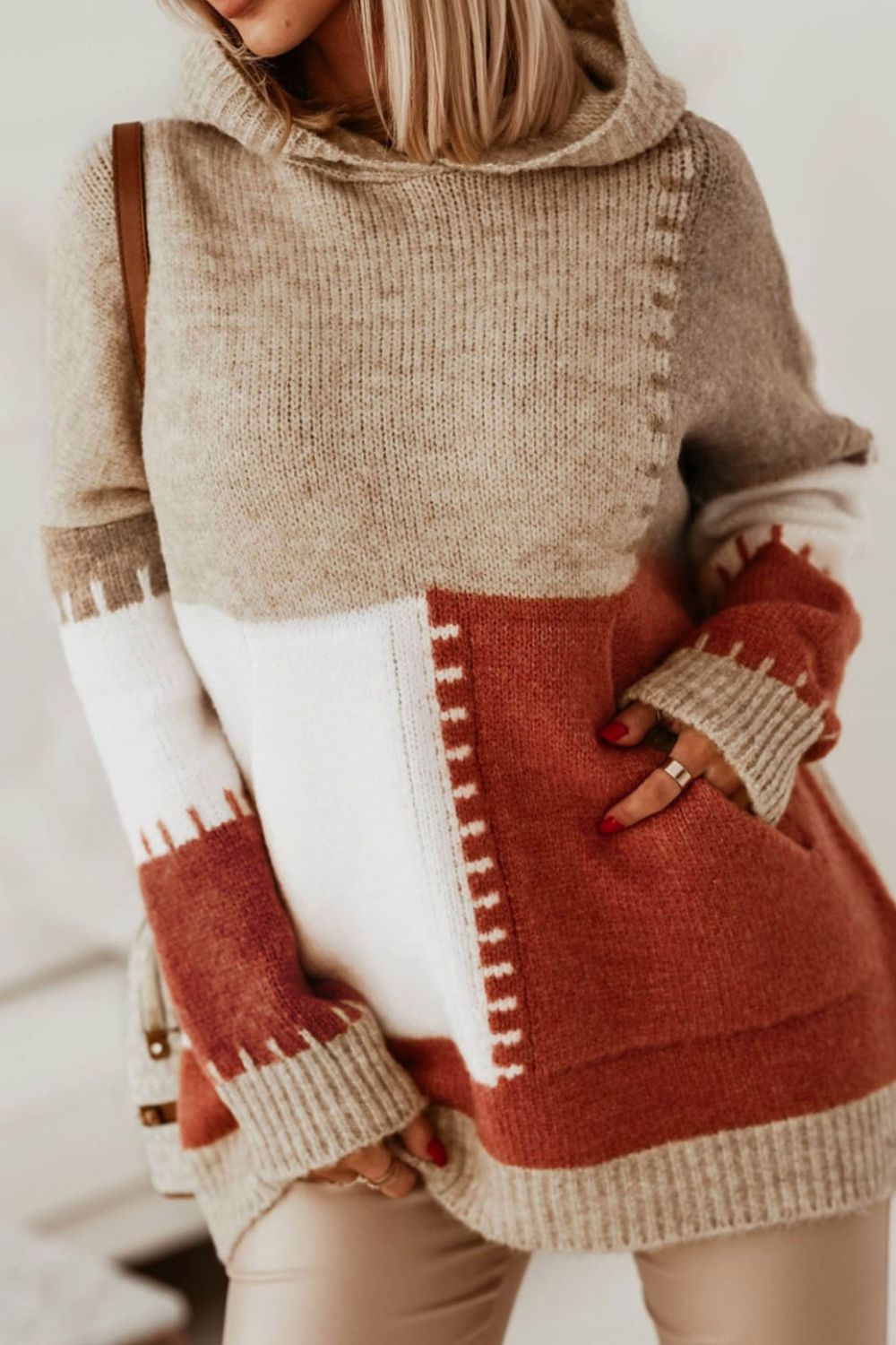 Color Block Kangaroo Pocket Hooded Sweater 