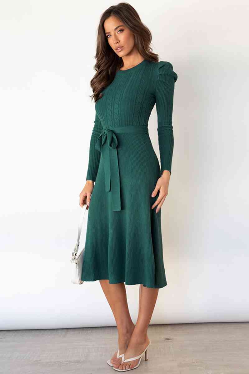 Round Neck Long Sleeve Tie Waist Sweater Dress Dresses