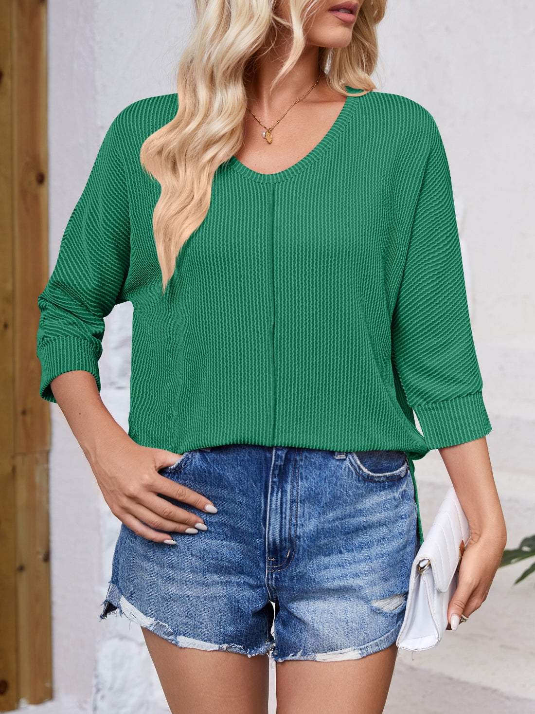 Lovelet Textured Round Neck Three-Quarter Sleeve Blouse 