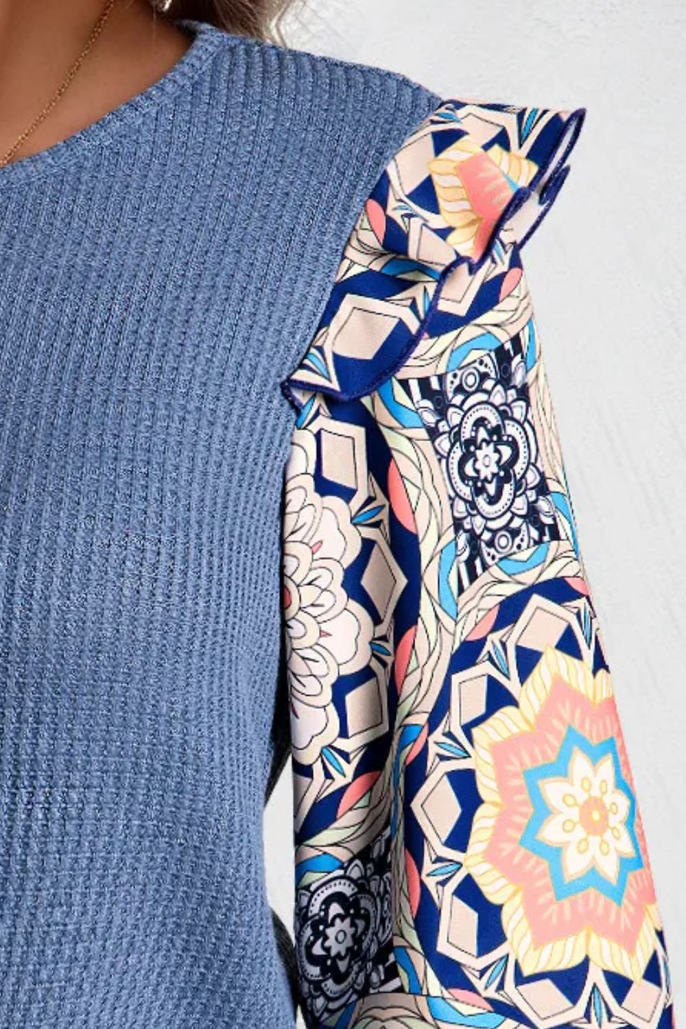 Ruffled Printed Round Neck Long Sleeve Top 