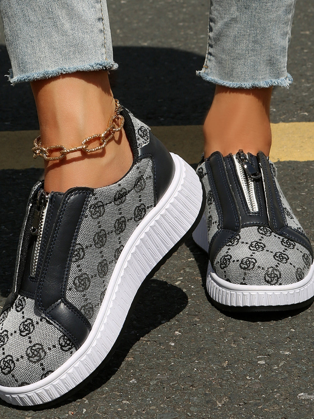 Floral Round Toe Sneakers with Zip 