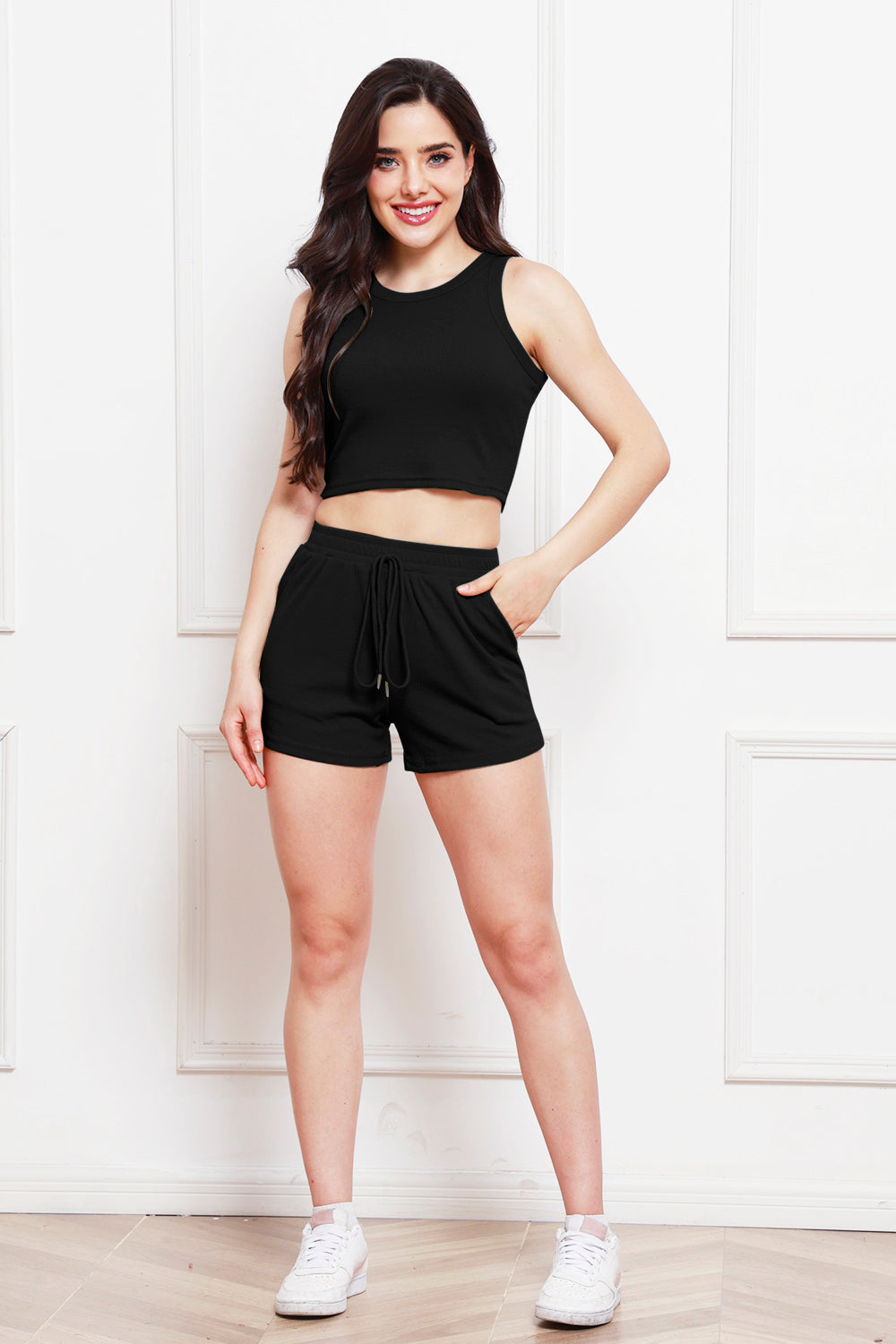 Round Neck Tank and Drawstring Shorts Set 