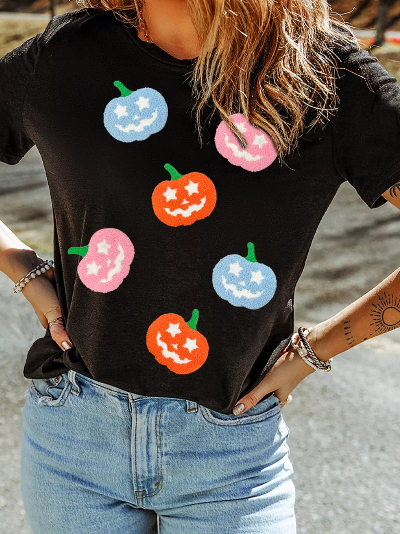 Chenille Pumpkin Patched Playful Halloween T Shirt 
