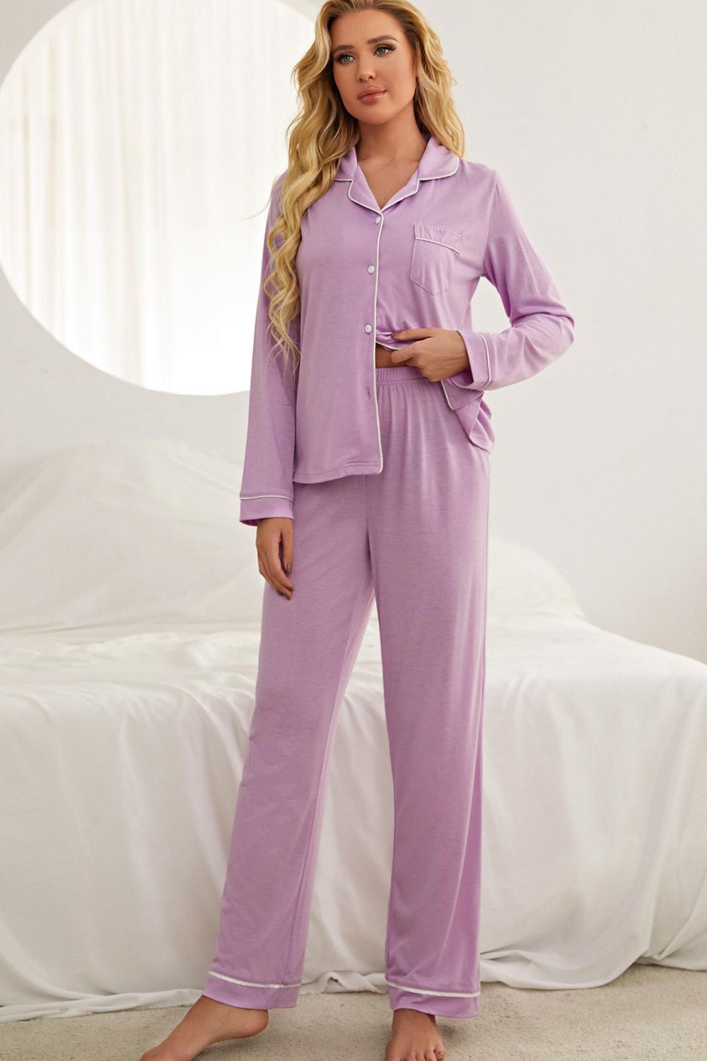 Contrast Piping Button Down Top and Pants Loungewear Set Lingerie & Nightwear