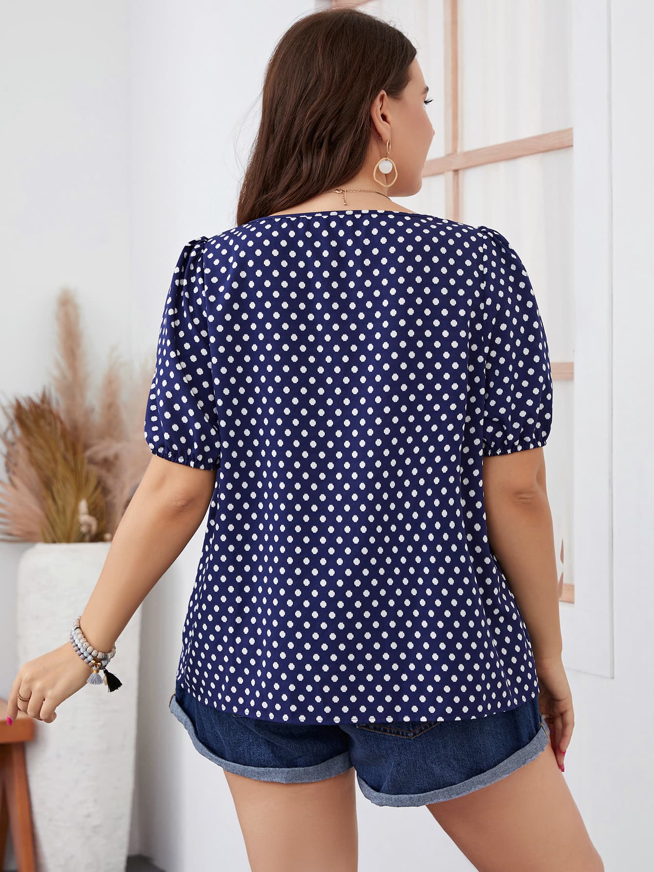 Honey Plus Size Polka Dot Square Neck Blouse 