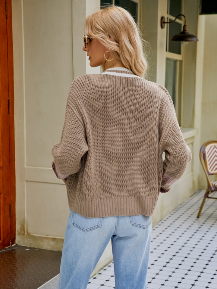 Contrast Button Up Dropped Shoulder Cardigan 