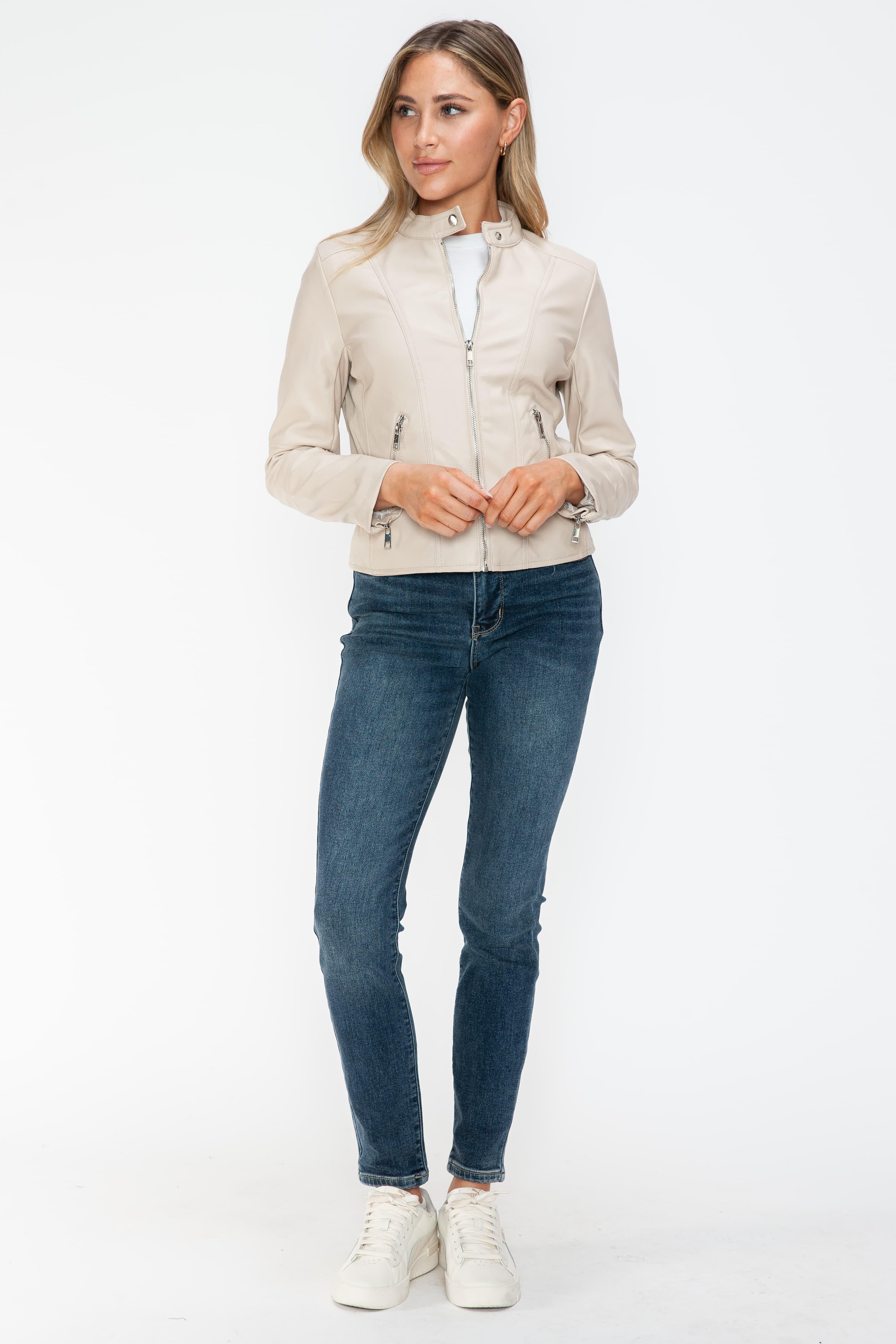 Snobbish PU Leather Zip Up Jacket with Pockets 