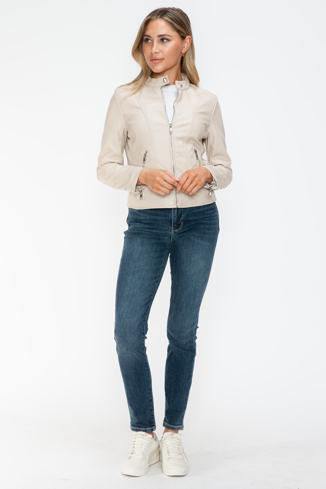 Snobbish PU Leather Zip Up Jacket with Pockets 